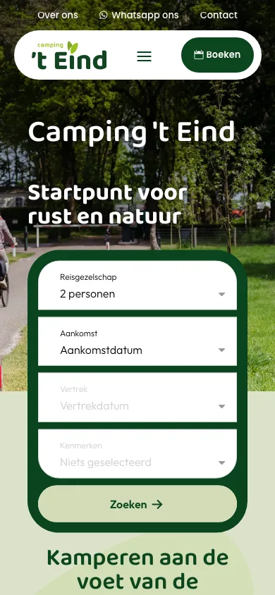 Website Camping 't Eind, Overberg op mobiel